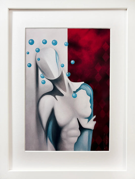 Framed abstract art print featuring a stylized white human figure with blue bubbles against a split white and deep red background, presented in a white frame.
